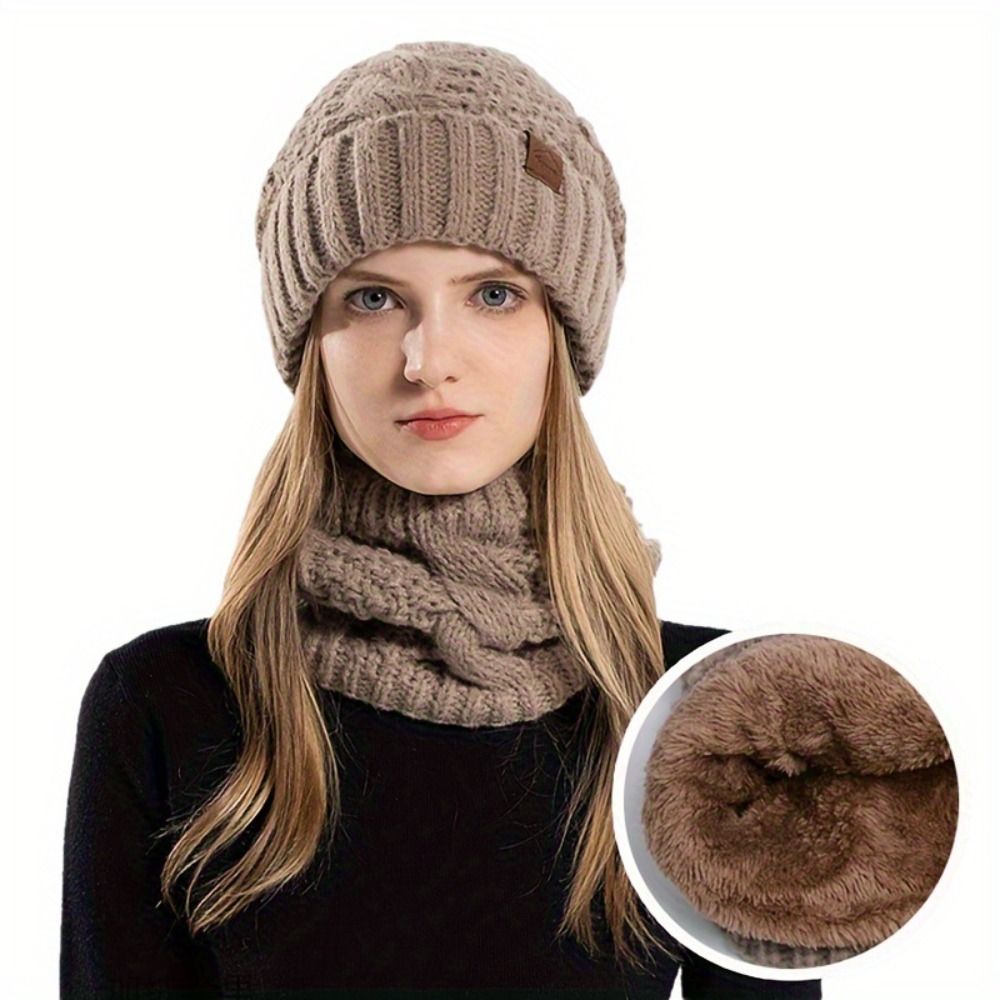 Wool Glove Lined - ชุดหมวกบีนนี่และผ้าพันคอสำหรับฤดูหนาว ผ้าฟลีซบุขนด้านใน ให้ความอบอุ่น ป้องกันลมหนาว หมวกไหมพรมถัก ดีไซน์ทันสมัย