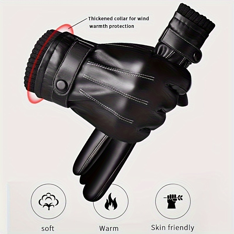 Leather Driving Glove - 1 คู่ถุงมือฤดูหนาวอุ่นขับรถรถจักรยานยนต์ Full Finger สีดําขี่ถุงมือผู้ชาย PU