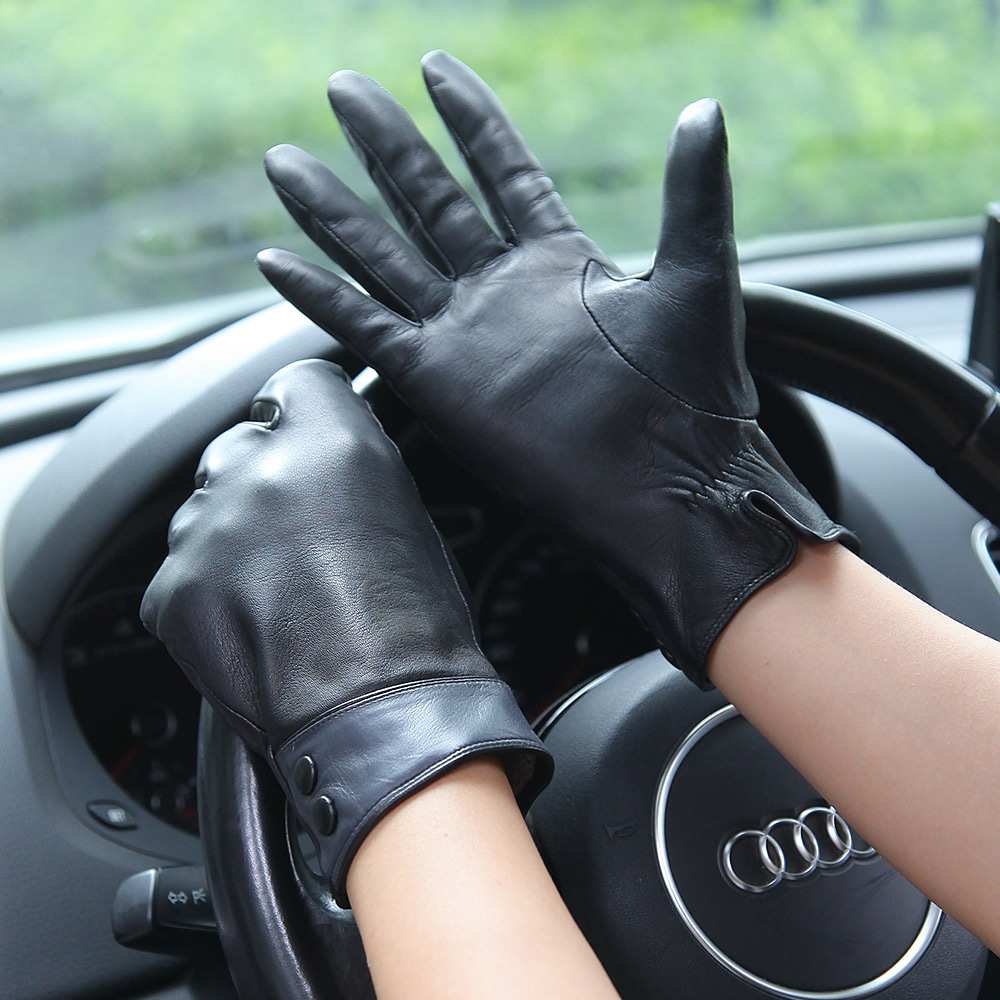 Wool Glove Lined - แฟชั่นถุงมือหนังแท้สีดําหญิงฤดูใบไม้ร่วงฤดูหนาวขนสัตว์ความร้อนถักเรียงรายขับรถผู้หญิง Sheepskin ถุงมือ L168NZ