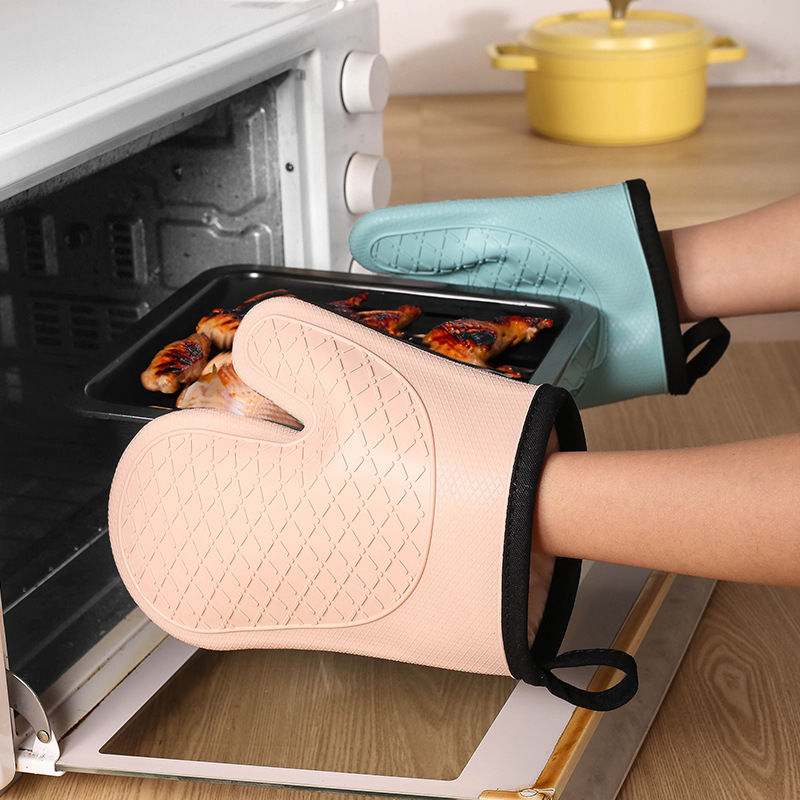 Oven Mitt Silicone - ถุงมือฉนวนกันความร้อน 2 ชิ้น, ถุงมือเตาอบไมโครเวฟป้องกันการลวก, ถุงมือเตาอบครัวทนอุณหภูมิสูง