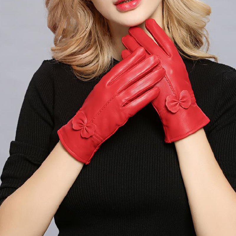 Wool Glove Lined - ผู้หญิงหนังฤดูหนาว WARM ถุงมือสุภาพสตรีถุงมือหนังแกะจริงสาวขับรถแฟชั่นหญิงหรูหราขนสัตว์เรียงรายถุงมือ