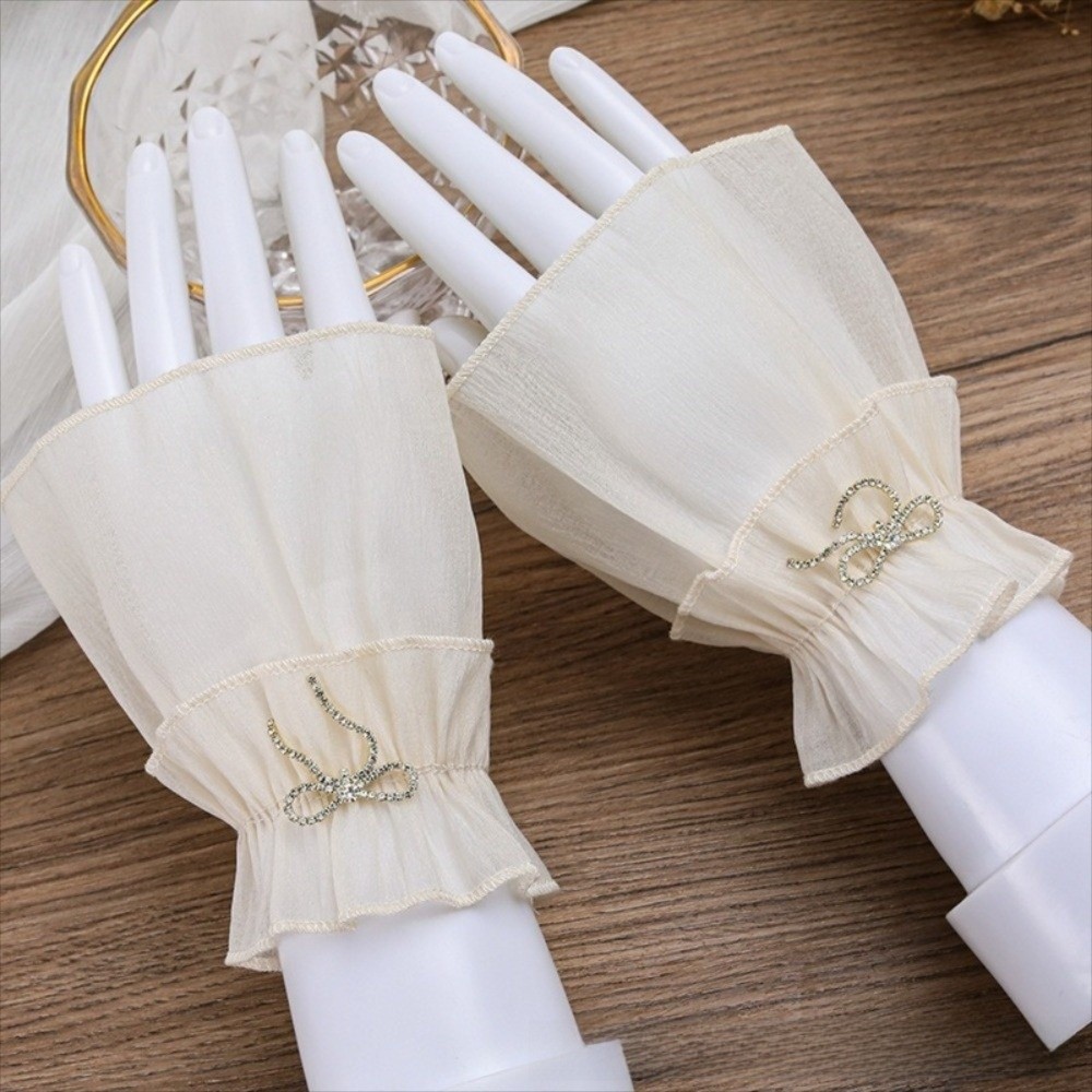 Fingerless Glove Knit - ปลอกแขนแบบจับจีบระบายได้ ถอดออกได้ ถุงมือแบบไม่มีนิ้ว อุปกรณ์ตกแต่งเล็บ ปลอกแขนลูกไม้ปลอม ปลอกแขนผ้าชีฟองประดับโบว์คริสตัล