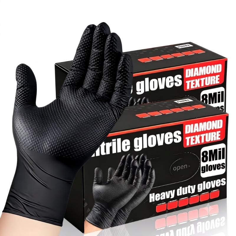 Nitrile Mechanic Glove - ถุงมือไนไตรล์อุตสาหกรรมสีดำแบบหนาพิเศษ 8 มิล ลายเพชร สำหรับงานหนัก ใช้แล้วทิ้ง