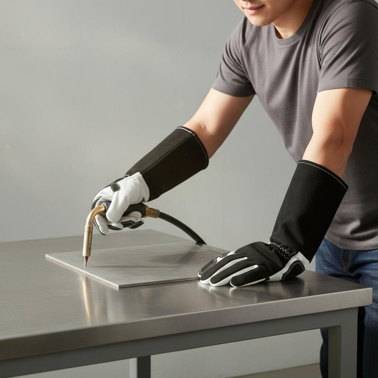 Heat Resistant Glove - ถุงมือโลหะวิศวกรรม TIG ออกแบบนิ้วมือให้ยืดหยุ่น ถุงมือหนังทนความร้อน อุปกรณ์นิรภัย ซับในนุ่ม