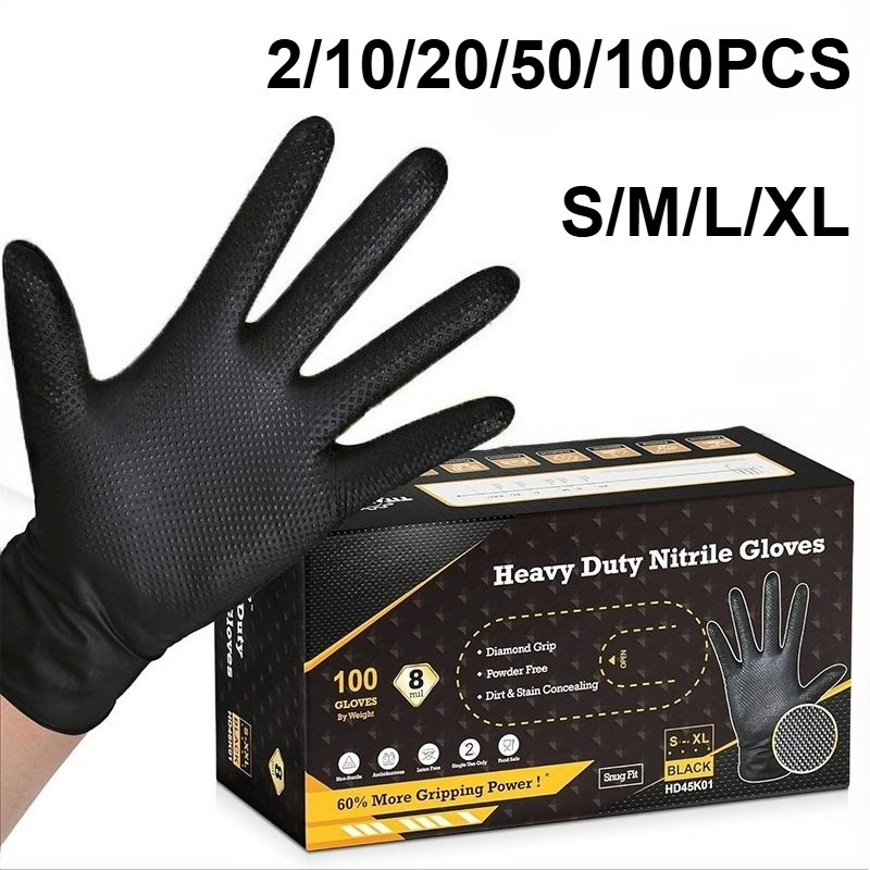 Nitrile Mechanic Glove - ถุงมือไนไตรล์สีดำสำหรับงานหนัก 8 มิล 2-100 ชิ้น ผิวสัมผัสแบบเพชรนูน