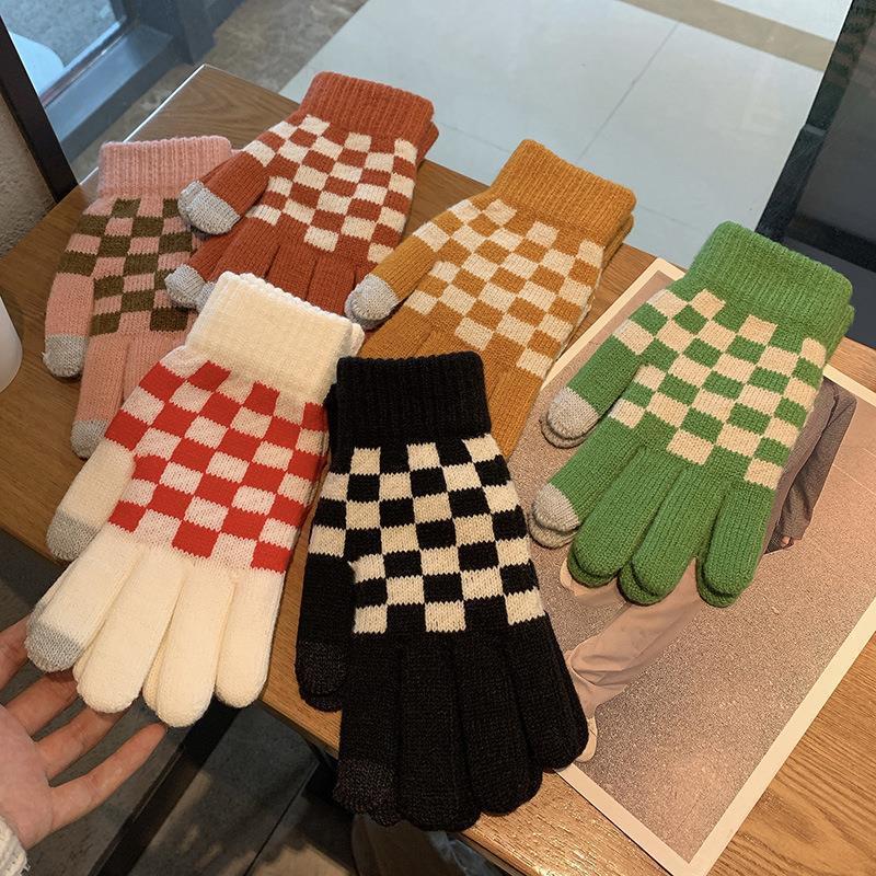Magic Touch Glove - ฤดูหนาวถักถุงมือแฟชั่นสำหรับผู้หญิง Checkerboard Magic ยืด All Finger