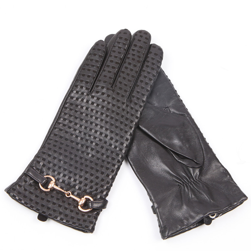 Wool Glove Lined - ถุงมือหนังแท้หญิงความร้อนนำเข้าฤดูใบไม้ร่วงฤดูหนาวหนังแกะขนสัตว์ถักซับโลหะตกแต่งถุงมือผู้หญิง EL044NZ-1