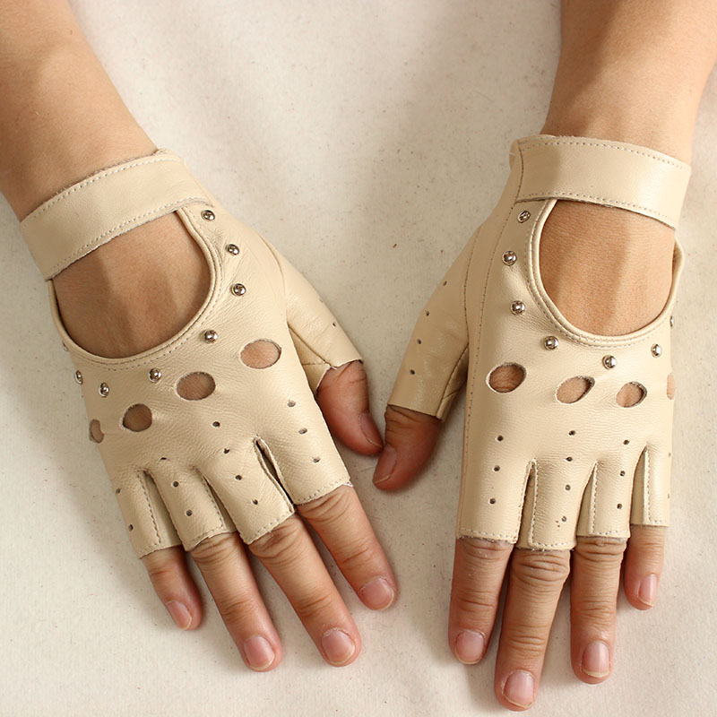 Leather Driving Glove - ถุงมือหนังแบบครึ่งนิ้วสำหรับผู้หญิง บางชั้นเดียว ระบายอากาศได้ดี สำหรับฤดูใบไม้ผลิ ฤดูร้อน ขี่จักรยานกลางแจ้ง
