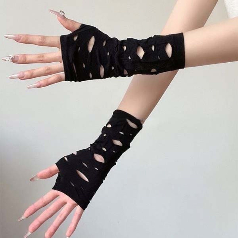 Fingerless Glove Knit - ปลอกแขนกันหนาวแบบถัก สีดำ ปลอกแขนแบบไม่มีนิ้ว ปลอกมือแบบยืดหยุ่น สำหรับฮาโลวีน คอสเพลย์