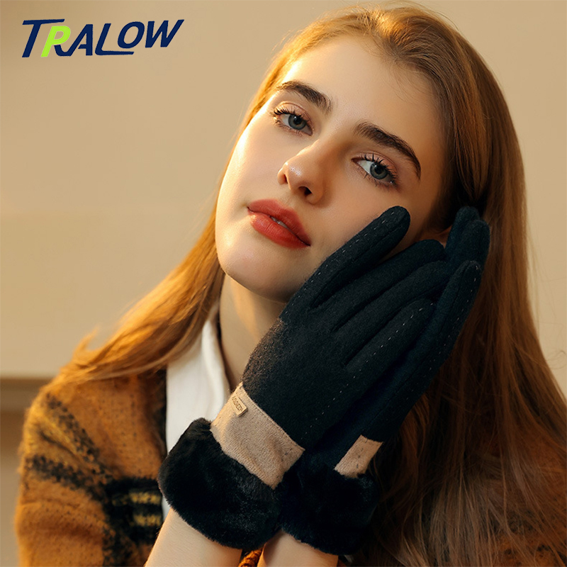 Wool Glove Lined - ถุงมือถักหน้าหนาวสำหรับผู้หญิง TRALOW พร้อมลายปัก ป้องกันความหนาวเย็น บุด้วยผ้าฟลีซ เหมาะสำหรับการเดินทางประจำวันและการขับรถ