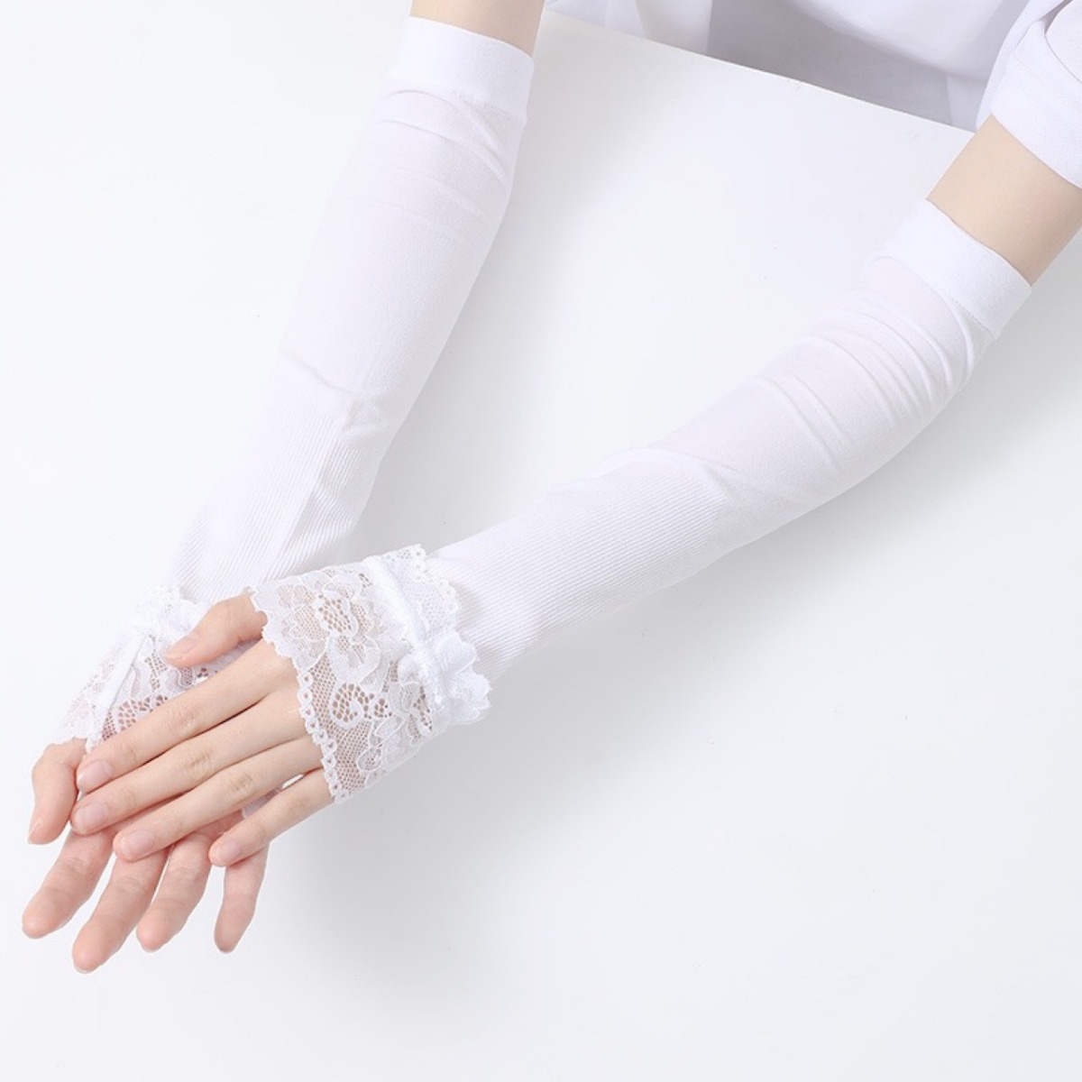 Fingerless Glove Knit - ถุงมือยาวสำหรับผู้หญิงแบบไม่มีนิ้วสำหรับขับรถ ปลอกแขนลูกไม้เซ็กซี่ ป้องกันแสงแดด ปลอกข้อมือนุ่มสบาย