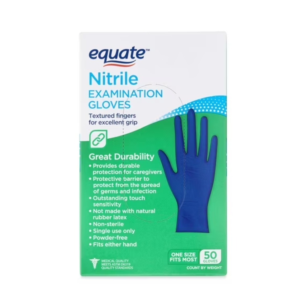Exam Glove Nitrile - ถุงมือตรวจโรคไนไตรล์ยี่ห้ออีควิเท ขนาดเดียวใช้ได้กับคนส่วนใหญ่ บรรจุ 50 ชิ้น