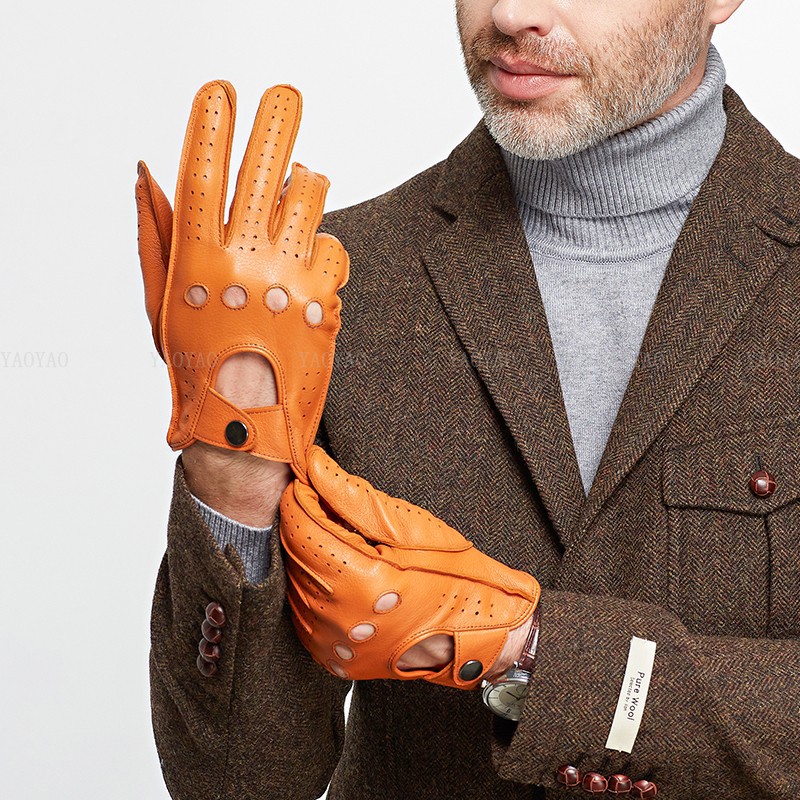Leather Driving Glove - อุปกรณ์เสริมแฟชั่นชายฤดูใบไม้ผลิของแท้ถุงมือหนังผู้ชายจริง Sheeskin สีดำ/สีน้ำตาลบาง Luva ขับรถ Deri
