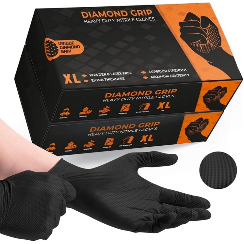 Nitrile Mechanic Glove - ถุงมือไนไตรล์แบบใช้แล้วทิ้งสําหรับงานหนักสีดําอุตสาหกรรม 8mil ถุงมือป้องกันพื้นผิวเพชรสําหรับช่างถุงมือนิรภัยอัตโนมัติ