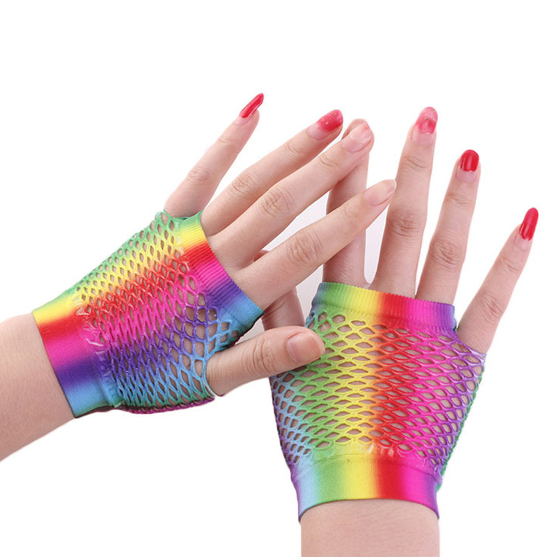 Fingerless Glove Knit - สุภาพสตรีเซ็กซี่สายรุ้งสีสั้นตาข่ายสุทธิ Fishnet ถุงมือ Hollow Out Holes