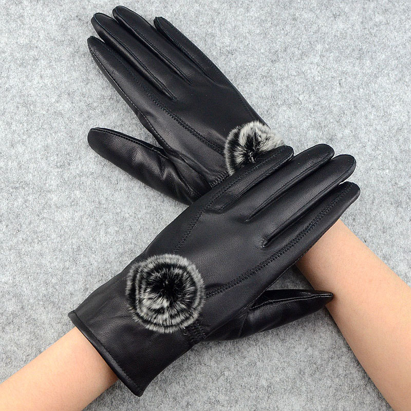 Wool Glove Lined - ผู้หญิงฤดูหนาวถุงมือหนังที่มีขนสัตว์เรียงรายสุภาพสตรีสุภาพสตรี 2019 จริงหนาถุงมือหนังสีดำหญิงใหม่ 2018 ร้อนขาย