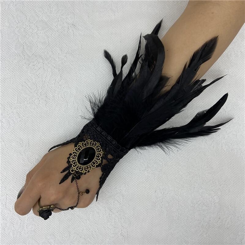 Motorcycle Glove Knuckle - ฮาโลวีน Feather ถุงมือลูกไม้ fingerless Mittens Goth