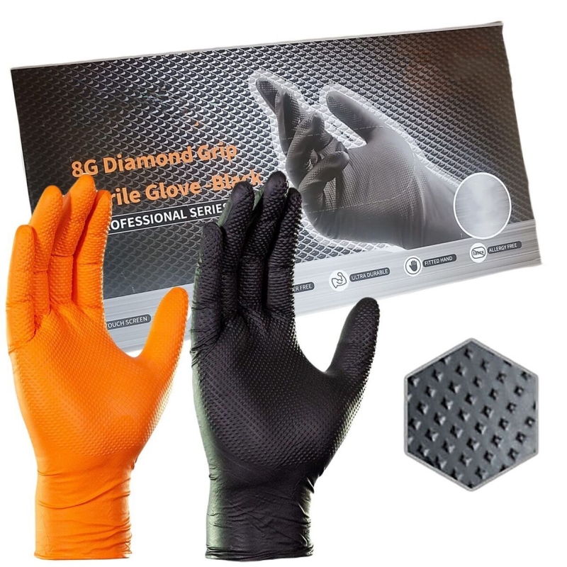 Nitrile Mechanic Glove - ถุงมือทำงานนิรภัยหนา 8 มิล แบบหนาพิเศษ ผิวสัมผัสแบบเพชร สีดำส้ม
